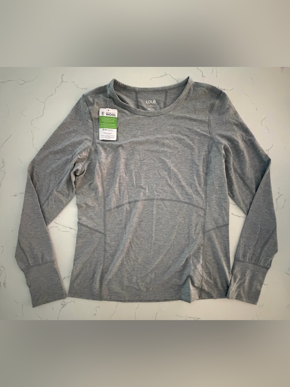 Lolë NWT Merino Wool Blend Crew Base Layer Top Gray L Drirelease Thumbholes